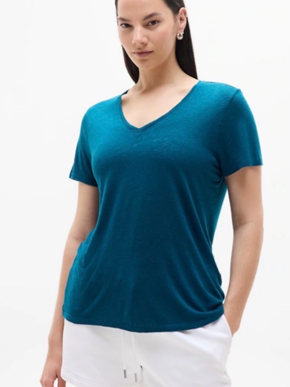 Athleta Getaway Linen Blend V-Neck Tee - Coastal Teal